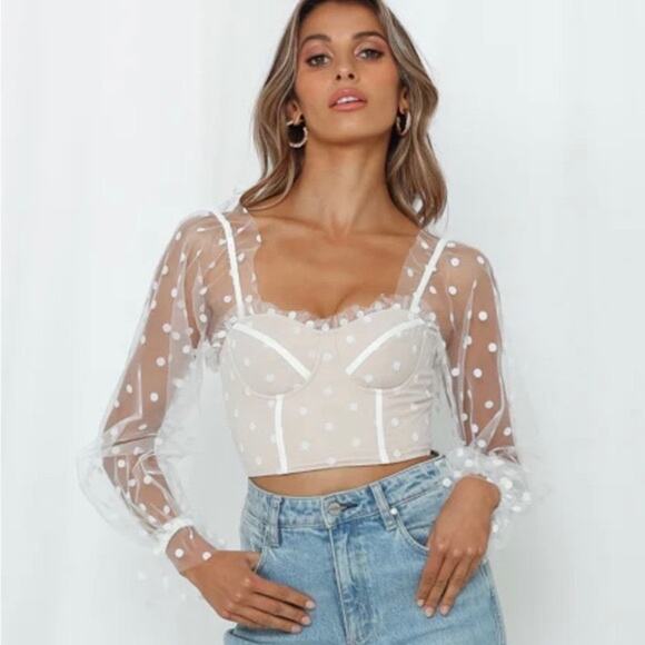 Runway Tops - Runaway White Corset Crop Top White Polka Dot Sheer Sleeve Size M